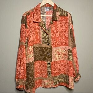 Allison Daley Patchwork Print Blouse Women 18 Coral Brown Floral Button Front